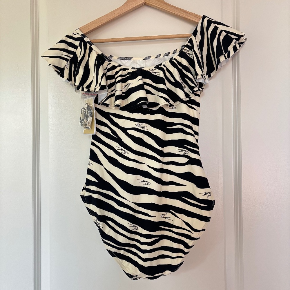 Michael Kors ZEBRA Off-The-Shoulder One Piece Swimsuit Size 8